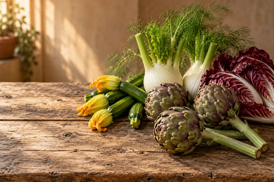 Artischocken, Fenchelknollen, Zucchini mit Blüten und Radicchio auf einem Holztisch (Illustration)