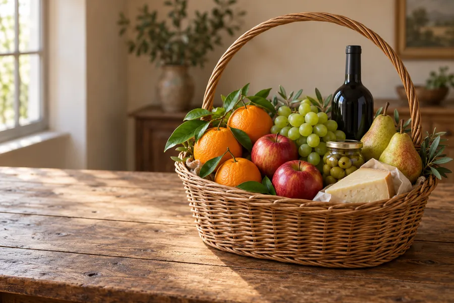 Weidenkorb mit Orangen, Äpfeln, Trauben, Birnen, einer Flasche Wein, Oliven im Glas und Käse in Papier (Illustration)