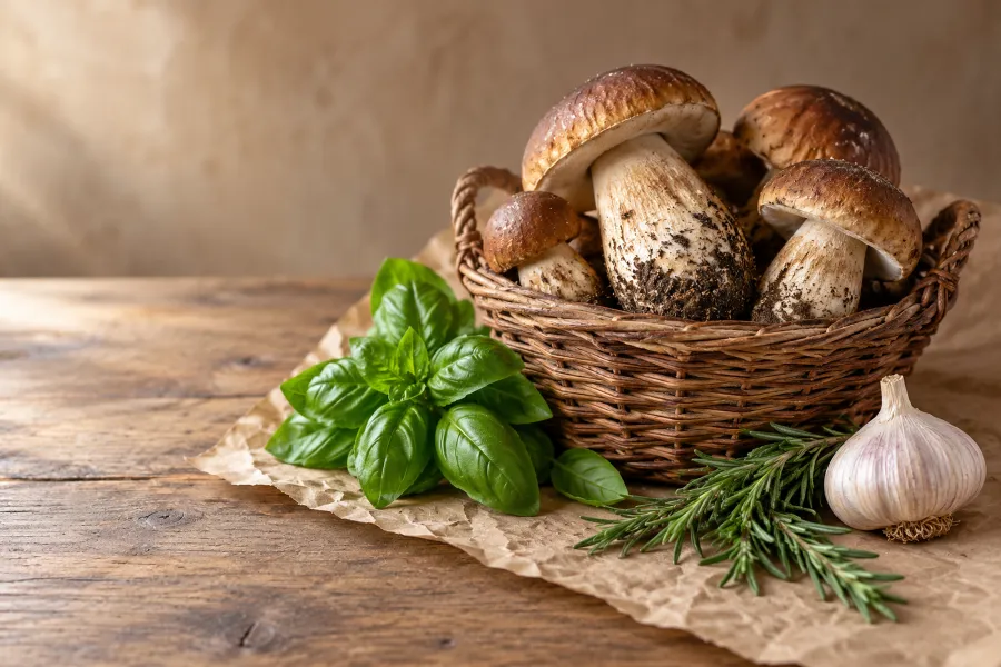 Ein Korb mit Pilzen, daneben Basilikum, Rosmarin und Knoblauch auf Packpapier (Illustration)