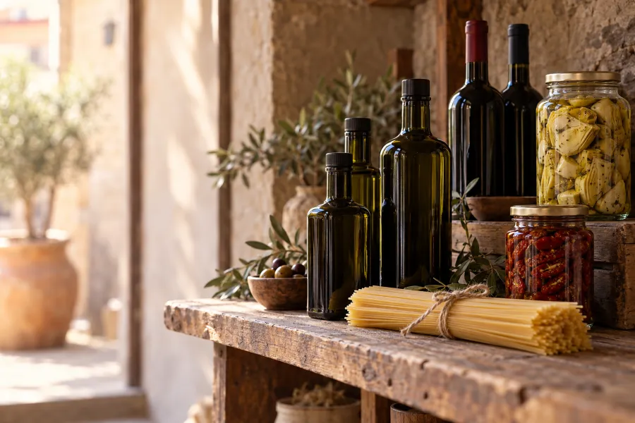 Holzregal mit Olivenölflaschen, Weinflaschen, eingelegtem Gemüse im Glas und Spaghetti, alles ohne Etiketten (Illustration)